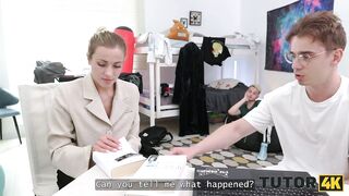 TUTOR4K. Slutty tutor with natural tits is enjoying 2 hard cocks during the lesson