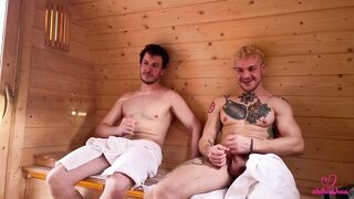 Bisexual threesome in sauna