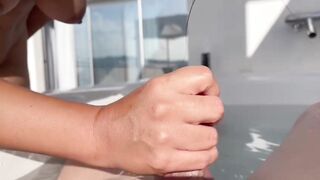 stepmom surprises stepson by jerking cock, helped him swallowing and oral creampie