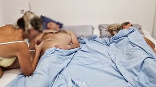 Horny girlfriend sneaks into her friend couple bedroom and tried secretly use man, but wife woked up