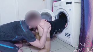 Stepmom fucked and get cum in mouth by stepson while she is stuck